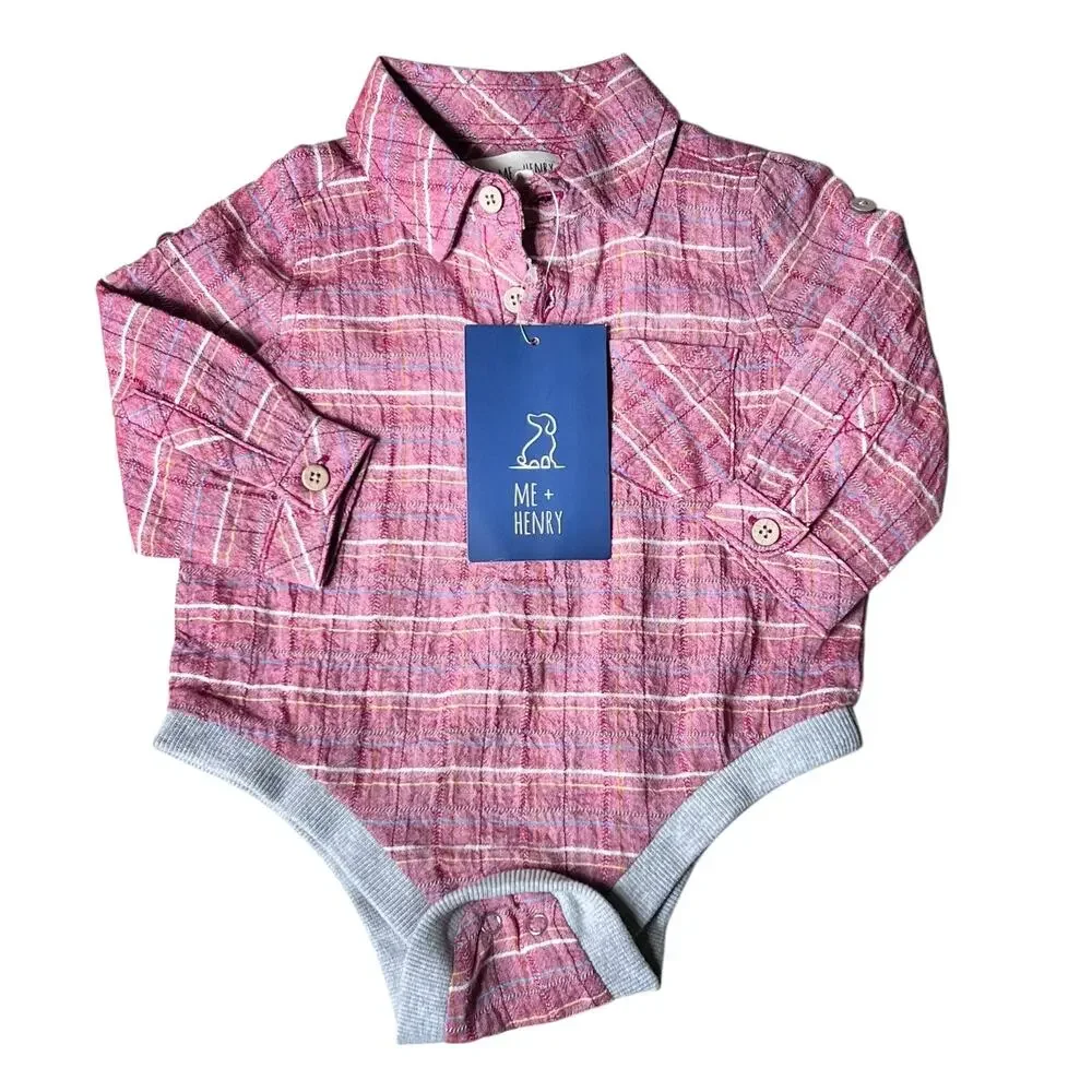 Me & Henry Infant Bodysuit Baby Boy 3-6M Red Brown Plaid Woven 3 Button Shirtzie